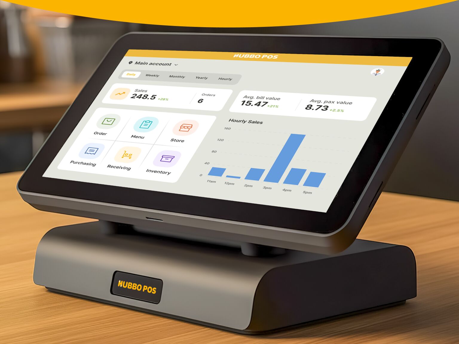 Hubbo POS dashboard report displayed on tablet, highlighting cloud-based POS system capabilities.