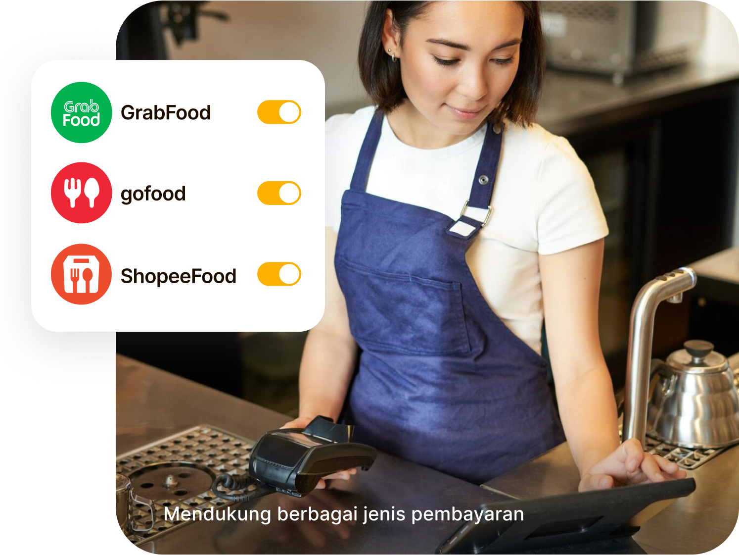Restaurant owner in blue apron manages orders and business operations on a tablet with Hubbo POS integration.