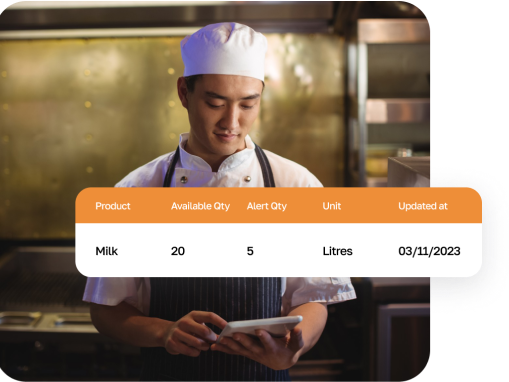 Chef in white apron updates inventory on white tablet using Hubbo POS.